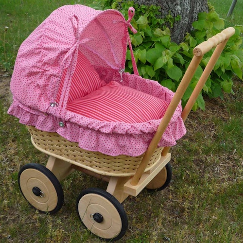 Korb Puppenwagen aus Holz rosa