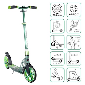 Alu Scooter ab 6 Jahre 35-100kg 205mm-Rädern grün