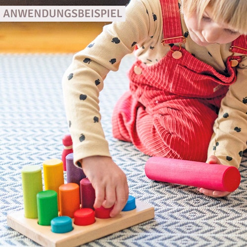 Steckspiel Kleine Walzen- Regenbogen, 12 Teile inkl Sortierbrett