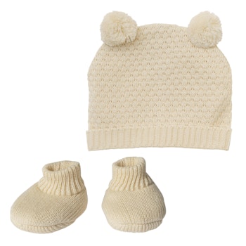 Puppen Mütze und Schuhe 28-35cm beige, Bio-Baumwolle