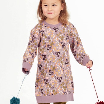 Sweatkleid langarm Blumendruck mauve 100% BioBaumwolle
